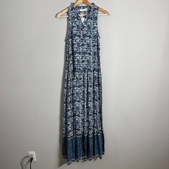 Mango Floral Paisley Print Button Up Tiered Maxi Dress Women's 2 Blue White NWT - Picture 5 of 16